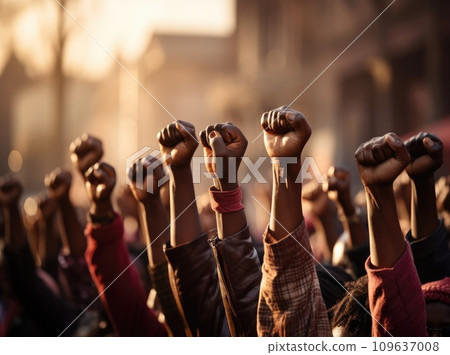 a group of people holding up their fists in different directions a group of people holding up their fists in different directions 109637008