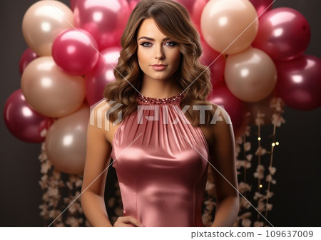 a young lady posing with 8 gold balloons with flowers a young lady posing with 8 gold balloons with flowers 109637009