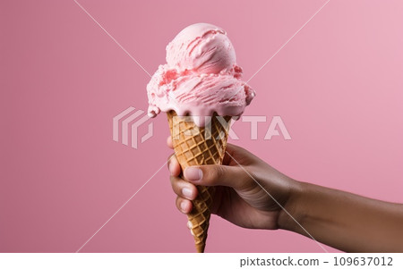 a hand holding a pink cone of ice cream 109637012