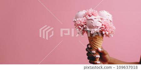 a hand holds a pink ice cream cone in front of a pink flower 109637018