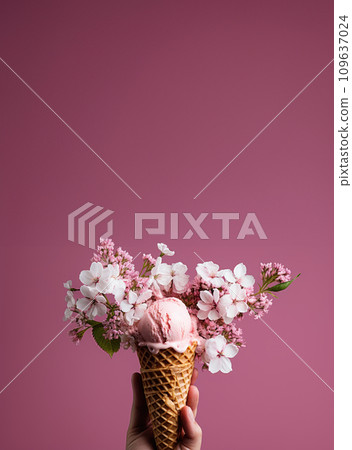 a hand holds a pink ice cream cone in front of... - Stock Illustration ...