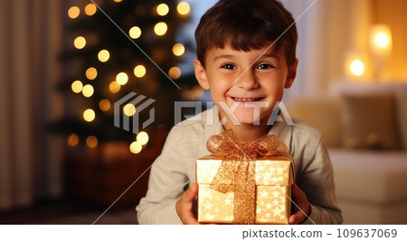 a little smiling kid holds a gift box in his hand, a little smiling kid holds a gift box in his hand, 109637069