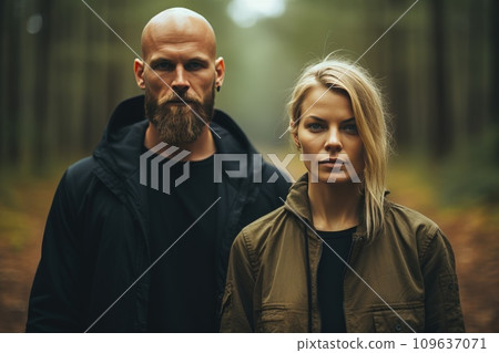 a man and woman are standing facing one another a man and woman are standing facing one another 109637071