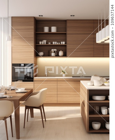 a modern kitchen with walnut and wooden cabinetry 109637144