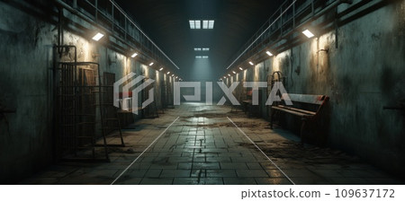 an empty prison cell with lights on it in a hallway 109637172
