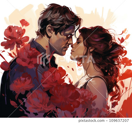 an illustration of a couple kissing together with flowers 109637207