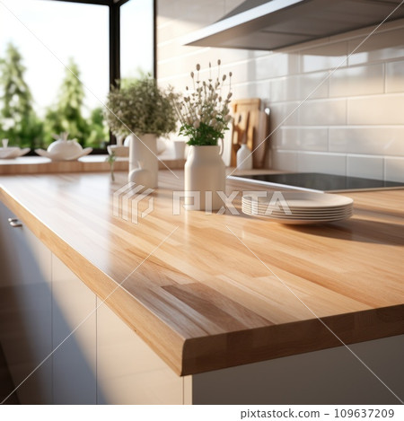 an image of a clean kitchen with a wooden counter 109637209