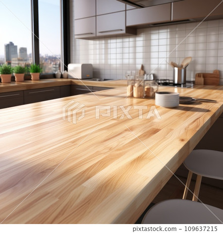 an image of a clean kitchen with a wooden counter 109637215