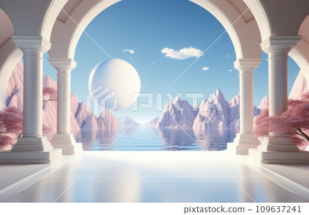 scene with white pillars and blue scenery along with rocky mountains scene with white pillars and blue scenery along with rocky mountains 109637241