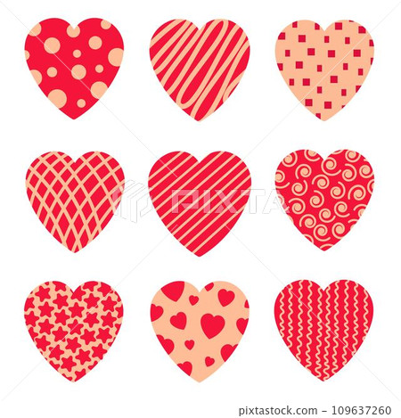 Set of hearts with different prints. Powdery color. Flat isolated illustration. Design for postcard, invitation or banner Set of hearts with different prints. Powdery color. Flat isolated illustration. Design for postcard, invitation or banner 109637260