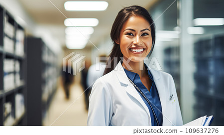 AI-generated content. Portrait of female doctor against background of hospital corridor. Doctor therapist, smiles looks at camera. 109637276