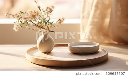 a small tray is sitting in a wall behind a solid wooden table 109637307