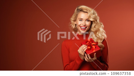 a blonde woman holding a red gift box and smiling 109637358