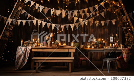 a table with colorful party bunting and lights 109637382