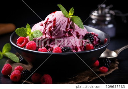 a bowl of cherry ice cream with mint leaves 109637383