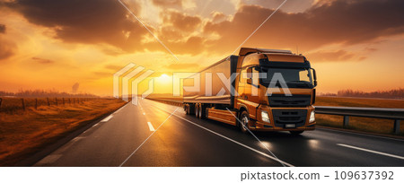 a truck traveling down a highway with sunlight a truck traveling down a highway with sunlight 109637392