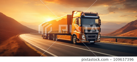 a truck traveling down a highway with sunlight 109637396