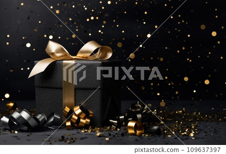 a christmas gift over a black background with gold confetti 109637397