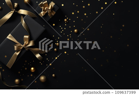 a christmas gift over a black background with gold confetti 109637399