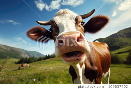 a close up picture of a cow in a green pasture 109637402