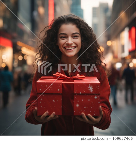 a woman carrying a red box 109637466