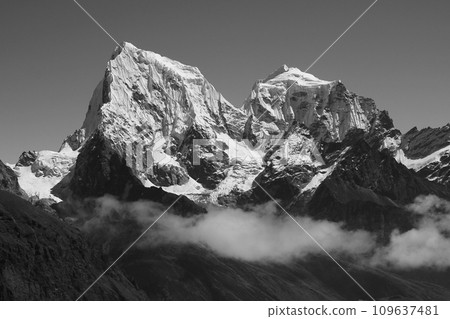 Black and white image of Cholatse and Taboche in autumn, Nepal. 109637481
