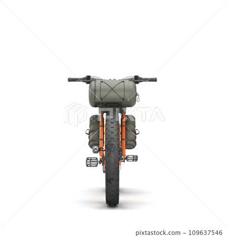 modern mountain tourist orang bicycle with accessories front view 3d render on white modern mountain tourist orang bicycle with accessories front view 3d render on white 109637546