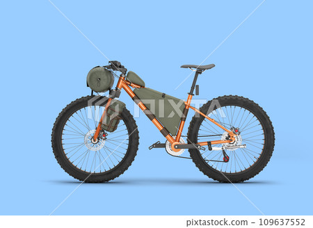 modern mountain tourist orang bicycle with accessories left view 3d render on blue 109637552