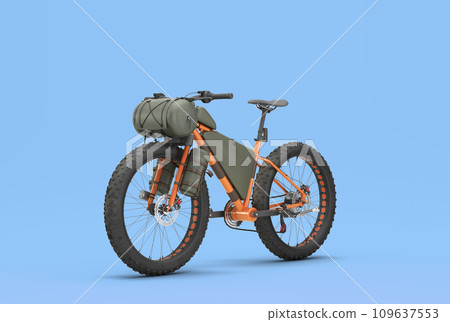 modern mountain tourist orang bicycle with accessories perspective front view 3d render on blue modern mountain tourist orang bicycle with accessories perspective front view 3d render on blue 109637553