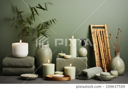 green bathroom with candle, bamboo brush, candle, hair dryer and soap 109637589