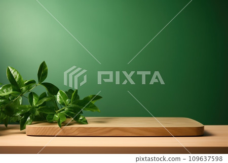 chopping board with green leaves on a green background 109637598
