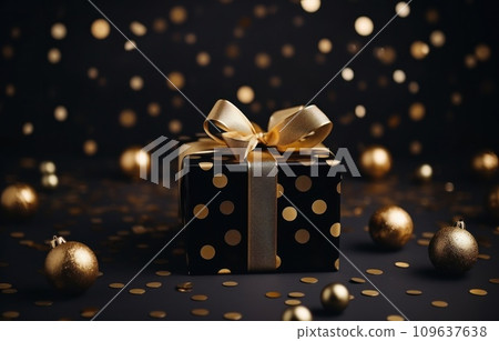christmas gift in black box with golden balls on background flat black confetti christmas gift in black box with golden balls on background flat black confetti 109637638