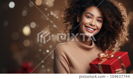 happy woman with a red gift box happy woman with a red gift box 109637744