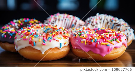 colorful sprinkled donuts on a table, 109637766