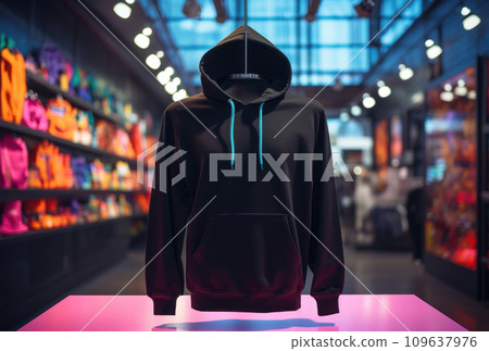 black hooded sweatshirt hanging from a display in front of a neon 109637976