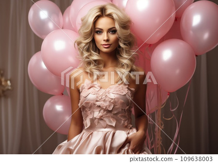 blonde woman holding number eight balloon with balloons and a bouquet around it blonde woman holding number eight balloon with balloons and a bouquet around it 109638003