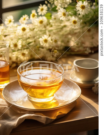 chamomile tea and flowers on the table chamomile tea and flowers on the table 109638139