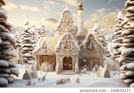 ginger houses with decorations in front of a bright background ginger houses with decorations in front of a bright background 109638215