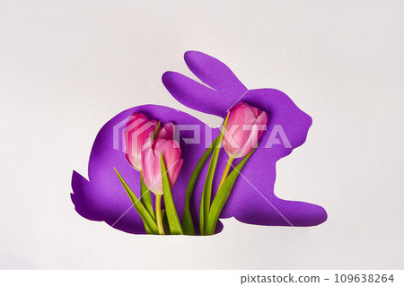 Bunny shape Easter holiday composition pink tulips flowers, white paper background. Spring natural concept. . Flat lay 109638264