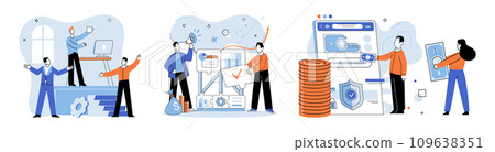 Crowdfunding. Vector illustration. Financial backing helps businesses overcome early-stage challenges in crowdfunding Investors support socially impactful projects in crowdfunding enables Crowdfunding. Vector illustration. Financial backing helps businesses overcome early-stage challenges in crowdfunding Investors support socially impactful projects in crowdfunding enables 109638351
