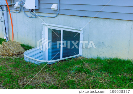 Window well installing to basement for new house at under construction Window well installing to basement for new house at under construction 109638357