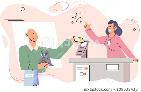 Mobile commerce concept. Man buys item in mobile phone apps in online store and pays for purchases with credit card at checkout with terminal. Online shopping and e-business, finance and payment 109638438