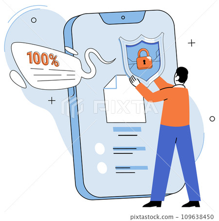 Cyber security concept with person uses secure access on phone with padlock. Firewall software, password identification and privacy web template. Cybersecurity consultation, digital safety solution Cyber security concept with person uses secure access on phone with padlock. Firewall software, password identification and privacy web template. Cybersecurity consultation, digital safety solution 109638450