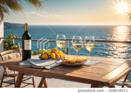 Table on a terrace with two glasses of wine, fruits, sunshine, summer vibes vacation, sea in the background. Served table on a luxury villa with sea view. AI Table on a terrace with two glasses of wine, fruits, sunshine, summer vibes vacation, sea in the background. Served table on a luxury villa with sea view. AI 109638471