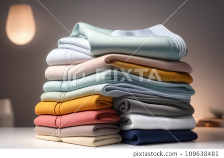 Cotton stack of colorful folded clothes on white table indoors empty space background. Household concept. Clean laundry pile.. AI Cotton stack of colorful folded clothes on white table indoors empty space background. Household concept. Clean laundry pile.. AI 109638481