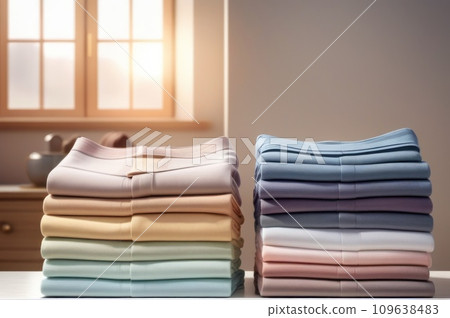 Cotton stack of colorful folded clothes on white table indoors empty space background. Household concept. Clean laundry pile.. AI Cotton stack of colorful folded clothes on white table indoors empty space background. Household concept. Clean laundry pile.. AI 109638483