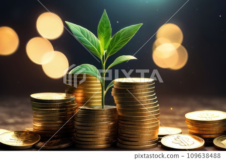 Growing Money, business finance and saving money investment , Money coin stack growing graph, plant growing up on coins. Balance savings and investment.. AI 109638488