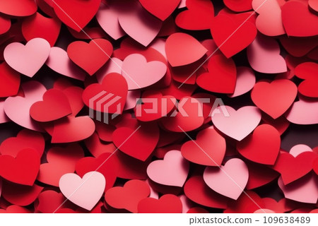 Saint Valentine day greeting card with many red hearts against festive bokeh background. Tenderness, wedding and love concept. AI 109638489
