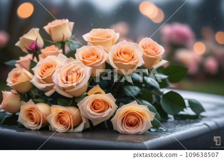 bouquet of roses at rainy funeral cemetery with bokeh. AI bouquet of roses at rainy funeral cemetery with bokeh. AI 109638507