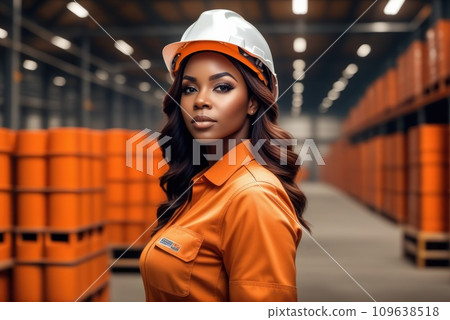 African American woman in orange hard hat posing in an industrial warehouse. A female worker inspects goods in a warehouse. Manufacturing industry concept. happiness at work. AI 109638518